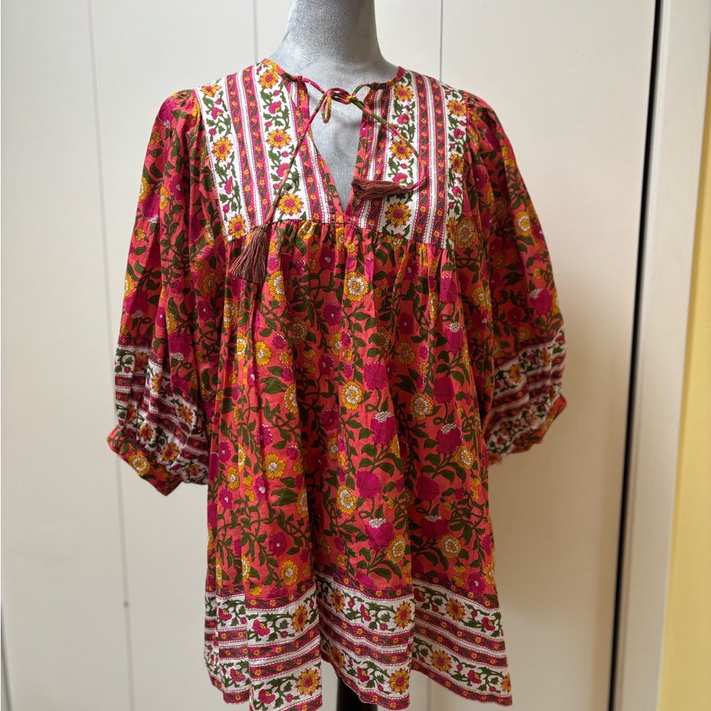 Bohemian Floral Tie-Neck Peasant Top - Pink Multicolor by Milli